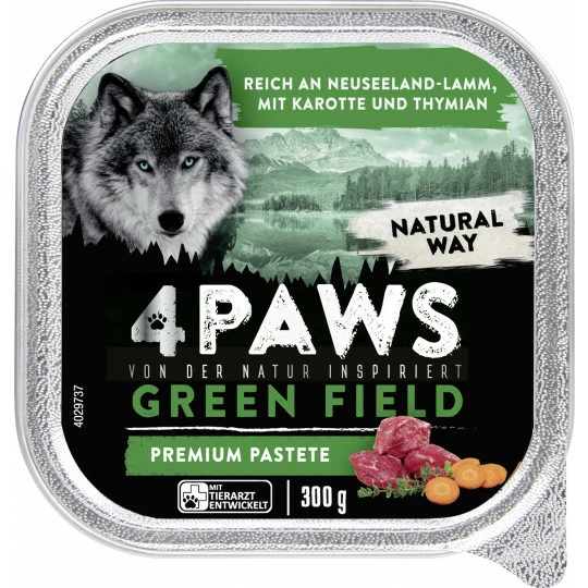 4 Paws Green Field Premium Pastete Neuseelandlamm, Karotte & Thymian 300G 1 4 Paws Green Field Premium Pastete Neuseelandlamm, Karotte & Thymian 300G